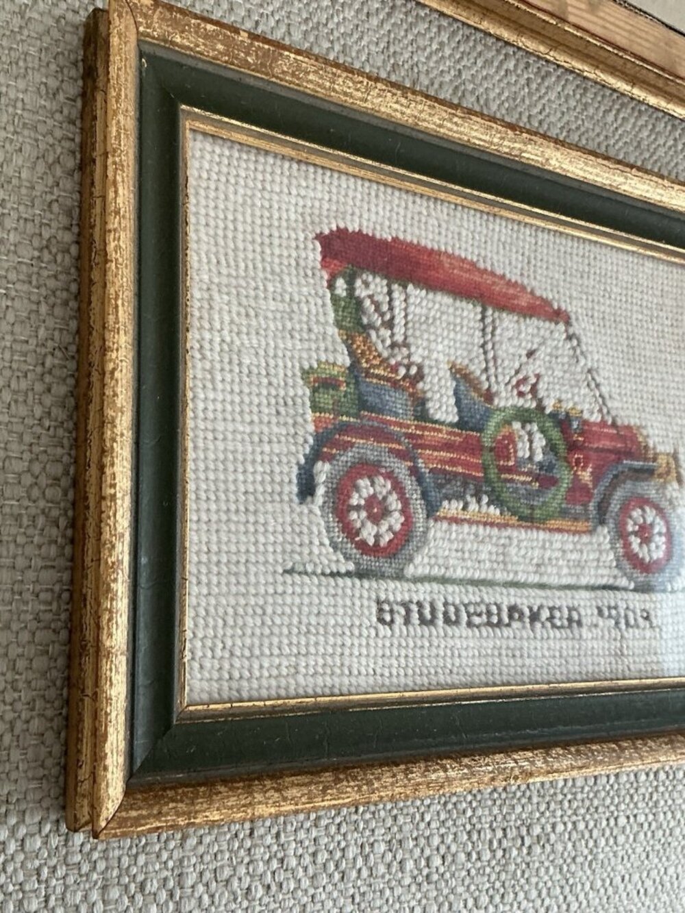 Pair Vintage Framed Needlepoint Antique Cars Studebaker & Cadillac 10.5x7.5 - Picture 7 of 7
